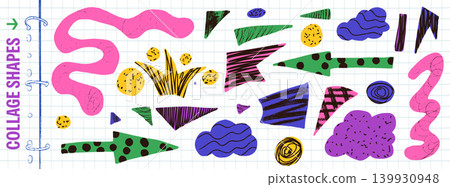 Organic shape with funky collage trendy abstract geometric figures and clouds. Childish papercut freeform scrap decor in crayon for kid scrapbook art. Vector grunge sticker set on notebook background Organic shape with funky collage trendy abstract geometric figures and clouds. Childish papercut freeform scrap decor in crayon for kid scrapbook art. Vector grunge sticker set on notebook background 139930948