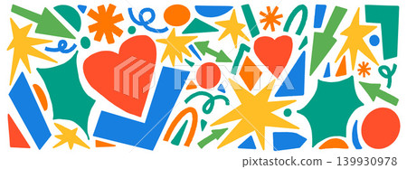 Bright geometric shape silhouettes in flat red blue green and yellow on white background. Bold geometric shape pieces for kids poster or playful card and album. Vector cutout doodle set isolated 139930978