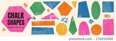 Text box and brush grain shape with chalk texture for kids design. Crayon geometric doodle text box in colorful figure layout. Vector hand drawn set with abstract oval, round, square callouts isolated 139930980