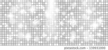Silver sequin disco ball mosaic for party invitation and club poster. Shiny sequin texture with mirror tile sparkle and silver glitter. Vector disco backdrop with white grid pattern for Christmas bg Silver sequin disco ball mosaic for party invitation and club poster. Shiny sequin texture with mirror tile sparkle and silver glitter. Vector disco backdrop with white grid pattern for Christmas bg 139931000