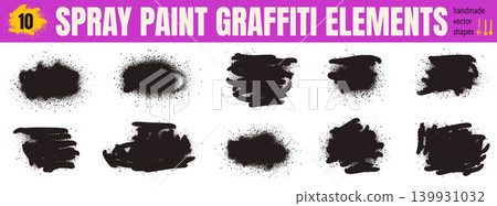 Graffiti element with spray paint spots and ink splatter texture. Bold graffiti callout frames with distressed splotch for poster. Urban vector element shapes with gritty black stencil drip set Graffiti element with spray paint spots and ink splatter texture. Bold graffiti callout frames with distressed splotch for poster. Urban vector element shapes with gritty black stencil drip set 139931032