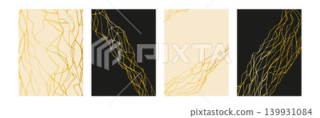 Kintsugi posters set with golden cracks on beige and black background. Fashion marble lux textures. Japanese repair technique patterns with gold foil lines for modern interior vector bg decor Kintsugi posters set with golden cracks on beige and black background. Fashion marble lux textures. Japanese repair technique patterns with gold foil lines for modern interior vector bg decor 139931084