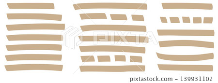 Beige papercut highlight stripes for vintage text underline and memo emphasis. Tape patches with abstract marker lines and retro paper feel. Vector cutout highlight strokes for scrapbook isolated 139931102