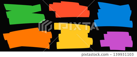 Bold text box frames with marker patch edges for label badges and signs. Highlight emphasis blocks in green orange blue yellow and purple. Vector text box set on black for poster banners isolated Bold text box frames with marker patch edges for label badges and signs. Highlight emphasis blocks in green orange blue yellow and purple. Vector text box set on black for poster banners isolated 139931103