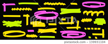 Highlight marker text patches with neon corner ovals and swipe shapes. Felt tip elements in pink yellow green for emphasis annotation. Vector highlight text marker collage on dark backdrop isolated Highlight marker text patches with neon corner ovals and swipe shapes. Felt tip elements in pink yellow green for emphasis annotation. Vector highlight text marker collage on dark backdrop isolated 139931104