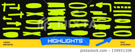 Green marker highlight shapes with corner ovals and arrow elements for text patches. Felt tip swipe lines and oval emphasis marks for annotation. Vector marker highlight set on dark backdrop isolated Green marker highlight shapes with corner ovals and arrow elements for text patches. Felt tip swipe lines and oval emphasis marks for annotation. Vector marker highlight set on dark backdrop isolated 139931106