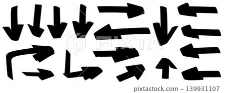 Thick arrow doodle sketches with hand drawn marker emphasis on note pointers. Bold ink arrows shapes and direction marks for collage diagram. Vector doodle set for highlight annotation isolated Thick arrow doodle sketches with hand drawn marker emphasis on note pointers. Bold ink arrows shapes and direction marks for collage diagram. Vector doodle set for highlight annotation isolated 139931107
