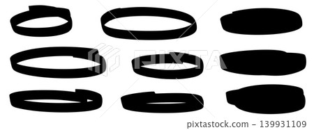 Oval marker frame shapes with hand drawn stroke edges for text highlight. Bold oval frame circles and underline notes with emphasis annotation. Vector marker ellipse set on memo callout isolated Oval marker frame shapes with hand drawn stroke edges for text highlight. Bold oval frame circles and underline notes with emphasis annotation. Vector marker ellipse set on memo callout isolated 139931109