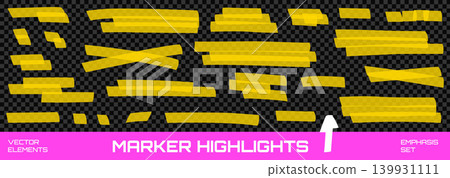 Yellow translucent text highlighter strokes for office planning and study notes. Marker patches with collage shapes and felt tip emphasis. Vector text highlighter set with note annotation isolated Yellow translucent text highlighter strokes for office planning and study notes. Marker patches with collage shapes and felt tip emphasis. Vector text highlighter set with note annotation isolated 139931111