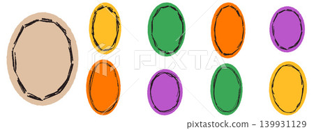 Oval frame set in colorful paper cutout and rough crayon border for photo. Round oval in yellow green orange and purple with bold border. Vector cutout frame with playful ellipse and pencil texture Oval frame set in colorful paper cutout and rough crayon border for photo. Round oval in yellow green orange and purple with bold border. Vector cutout frame with playful ellipse and pencil texture 139931129