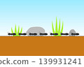 An illustration of a line of ants walking on the ground. 139931241