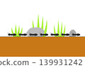 An illustration of a line of ants walking on the ground. 139931242