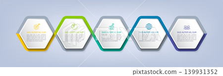 Business infographic template with step or option design. Infographics six options. Diagram with hexagons. Vector design. Business infographic template with step or option design. Infographics six options. Diagram with hexagons. Vector design. 139931352
