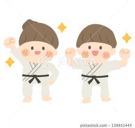 Children in martial arts uniforms making victory poses. Children in martial arts uniforms making victory poses. 139931445