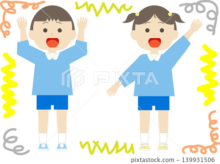 An illustration of a little boy and girl wearing kindergarten/preschool uniforms. An illustration of a little boy and girl wearing kindergarten/preschool uniforms. 139931506