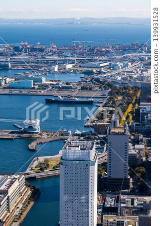 View of Yokohama Port, Yamashita Park, and Honmoku Pier from Yokohama Landmark Tower 139931528