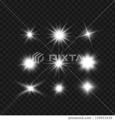 Realistic White Glowing Lens Flares and Sparkle Stars Set on Transparent Background. Vector Realistic White Glowing Lens Flares and Sparkle Stars Set on Transparent Background. Vector 139931639