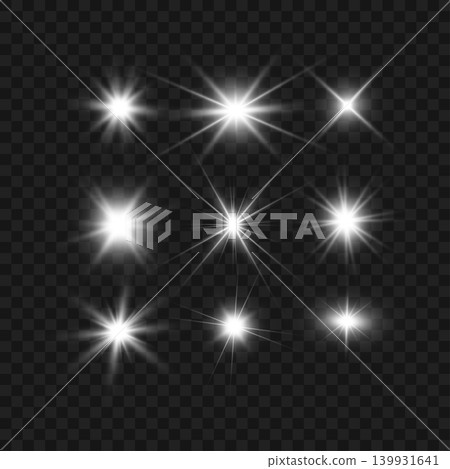 Realistic White Glowing Lens Flares and Sparkle Stars Set on Transparent Background. Vector 139931641