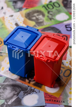 Bins for garbage, a conceptual background for selective and recycling waste disposal. Bins for trash 139931644