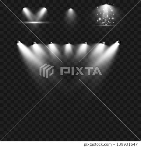 Realistic White Stage Spotlights and Magical Beam Effects Set. Vector 139931647