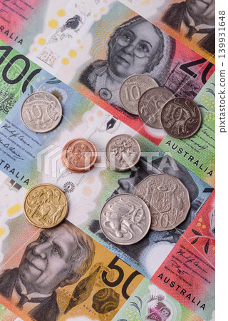 Australia, Australian paper money and coins, cash for financial transactions. Australian dollars 139931648