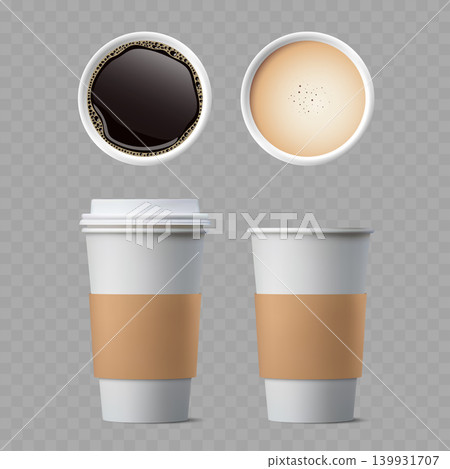 Realistic Paper Coffee Cup Mockup Set. Vector Takeaway Cups with Kraft Sleeves, Lids and Top View of Black Coffee and Latte. Realistic Paper Coffee Cup Mockup Set. Vector Takeaway Cups with Kraft Sleeves, Lids and Top View of Black Coffee and Latte. 139931707