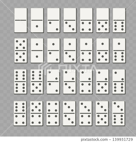 Realistic White Dominoes Set. Vector Full Double-Six Game Tiles on Transparent Background. Realistic White Dominoes Set. Vector Full Double-Six Game Tiles on Transparent Background. 139931729