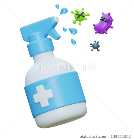 3D illustration of disinfectant spray bottle killing bacteria and viruses for sanitation 3D illustration of disinfectant spray bottle killing bacteria and viruses for sanitation 139931902