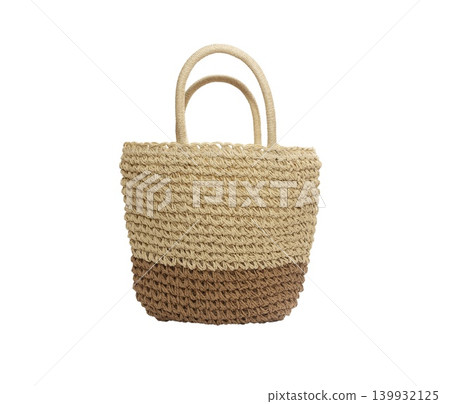 Woven straw tote bag with two-tone design isolated on white background Woven straw tote bag with two-tone design isolated on white background 139932125