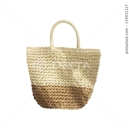 Woven straw tote bag with two-tone design isolated on white background 139932127