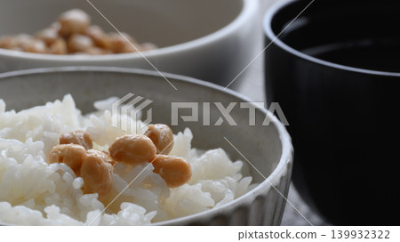 Japanese breakfast: Natto rice and miso soup Japanese breakfast: Natto rice and miso soup 139932322