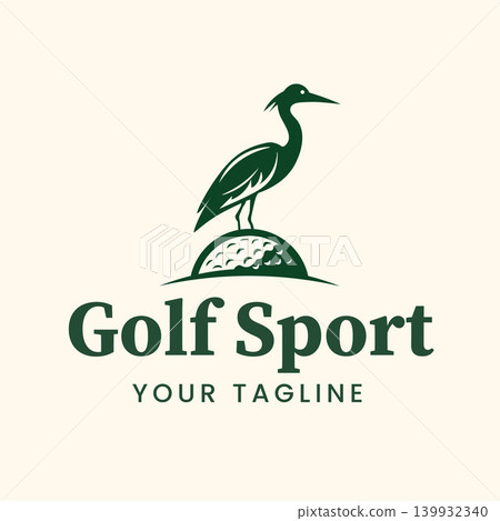 Minimalist Sports Emblem Logo Featuring a Heron Bird Standing On a Golf Ball In a Clean Outdoor-Inspired Vector Style, Suitable for Golf Clubs, Golf Courses, Sports Brands, Country Clubs 139932340