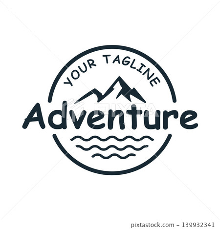 Minimalist Outdoor Emblem Logo Featuring Mountains and Waves, Ideal for Adventure, Camping, Hiking, And Travel Branding. Minimalist Outdoor Emblem Logo Featuring Mountains and Waves, Ideal for Adventure, Camping, Hiking, And Travel Branding. 139932341