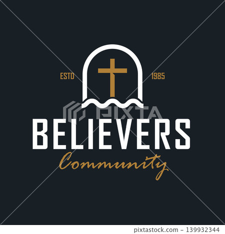 Minimalist Emblem Logo Featuring a Christian Cross with Wave Element in a Geometric Style Suitable for Churches, Ministries, Charities, Communities, And Faith Organizations. Minimalist Emblem Logo Featuring a Christian Cross with Wave Element in a Geometric Style Suitable for Churches, Ministries, Charities, Communities, And Faith Organizations. 139932344