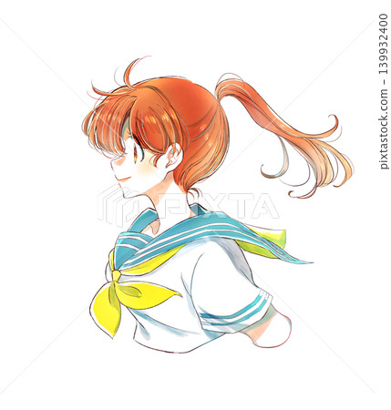 Female student in sailor uniform, profile view, ponytail. Female student in sailor uniform, profile view, ponytail. 139932400