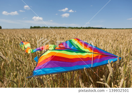 Bright rainbow kite lying in a golden wheat field under a blue sky. Concept of summer vacation, freedom, childhood memories and outdoor activities. Bright rainbow kite lying in a golden wheat field under a blue sky. Concept of summer vacation, freedom, childhood memories and outdoor activities. 139932501