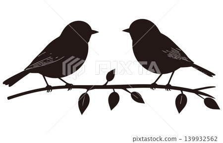 Silhouette: Two small birds facing each other. Silhouette: Two small birds facing each other. 139932562