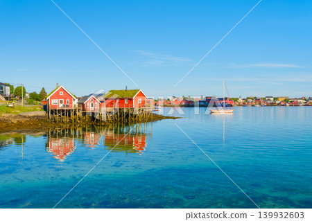 View of a traditional moss-roof house on the Lofoten Islands, Norway. Scenic summer landscape. 139932603