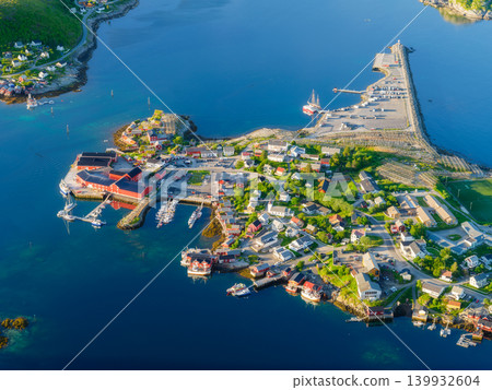 Aerial drone view of Reine and Hamnoy villages, Lofoten islands, Norway. Aerial drone view of Reine and Hamnoy villages, Lofoten islands, Norway. 139932604