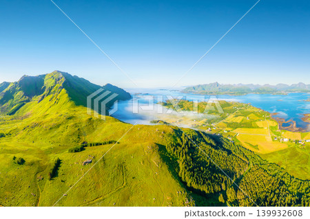 Drone view of a fjord in Lofoten Islands, Norway. Aerial view of the northern summer.  139932608