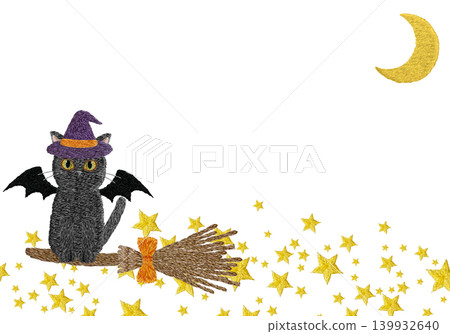 [Black cat vampire riding a broom with a frame of the moon and stars] Hand-embroidered illustration material 139932640