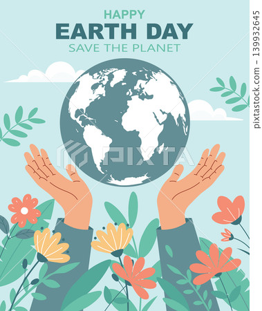 Happy earth day card with hands holding a globe with flowers. Illustration for Earth Day, banner. Happy earth day card with hands holding a globe with flowers. Illustration for Earth Day, banner. 139932645