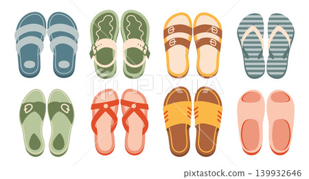 Set of colorful slippers. Collection of hand drawn summer shoes and sandals. illustration. Set of colorful slippers. Collection of hand drawn summer shoes and sandals. illustration. 139932646
