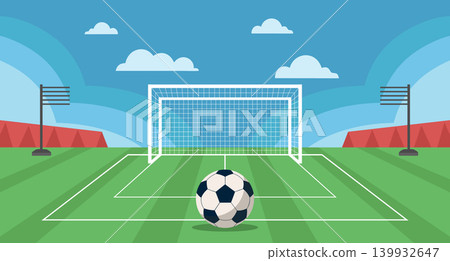 Soccer goal with ball on the field. Football match banner, illustration. Soccer goal with ball on the field. Football match banner, illustration. 139932647