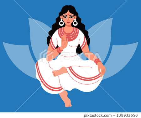 Indian woman in traditional clothes sitting in lotus position. Hindu Goddess Lakshmi meditating.  139932650