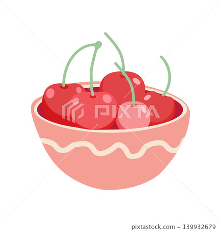 Vector illustration of a pink ceramic plate with sweet juicy cherry on a white background Vector illustration of a pink ceramic plate with sweet juicy cherry on a white background 139932679