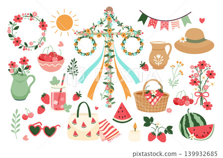 Hand drawn Midsummer illustrations set. Colorful flat vector collection featuring essential symbols of Sweden midsommar festival. Hand drawn Midsummer illustrations set. Colorful flat vector collection featuring essential symbols of Sweden midsommar festival. 139932685