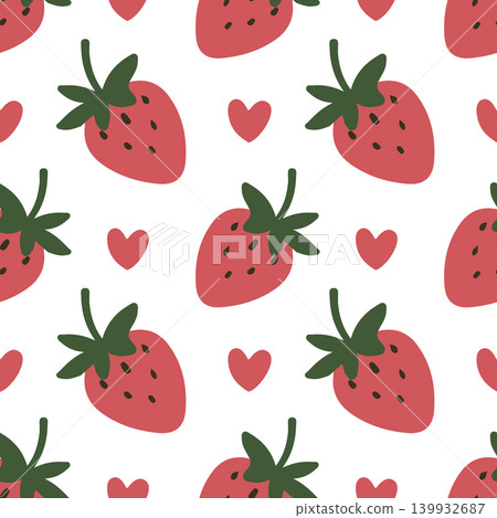 Colorful summer seamless pattern with juicy strawberries and hearts on white background. Colorful summer seamless pattern with juicy strawberries and hearts on white background. 139932687