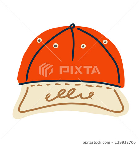 Red baseball cap vector illustration isolated on white background. Sporty summer headwear for outdoor activity. Red baseball cap vector illustration isolated on white background. Sporty summer headwear for outdoor activity. 139932706
