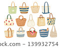 Vector collection of summer tote bags, hand drawn illustration of hand knitted bags, canvas bags, straw bags for your summer design. 139932754